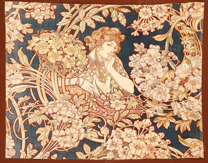Woman among flowers (printed fabric), 1898-1899. Creator: Mucha, Alfons Marie (1860-1939).