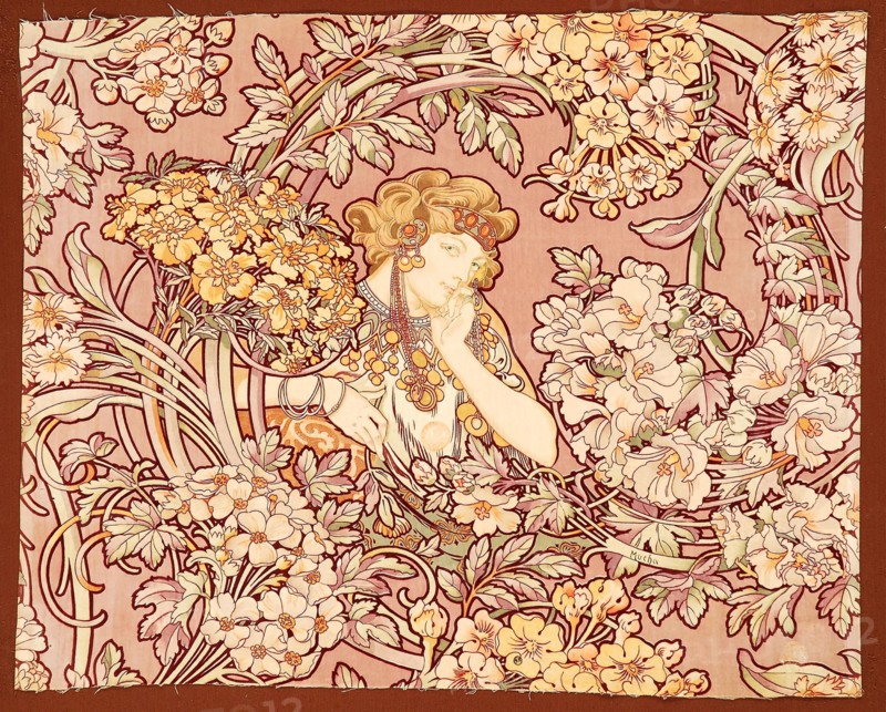 Woman among flowers (printed fabric), 1898-1899. Creator: Mucha, Alfons Marie (1860-1939).