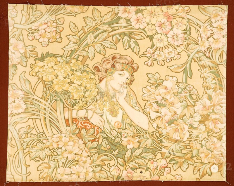 Woman among flowers (printed fabric), 1898-1899. Creator: Mucha, Alfons Marie (1860-1939).