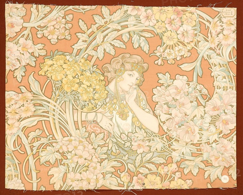 Woman among flowers (printed fabric), 1898-1899. Creator: Mucha, Alfons Marie (1860-1939).