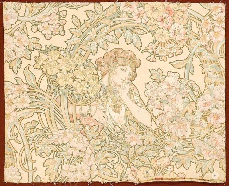 Woman among flowers (printed fabric), 1898-1899. Creator: Mucha, Alfons Marie (1860-1939).