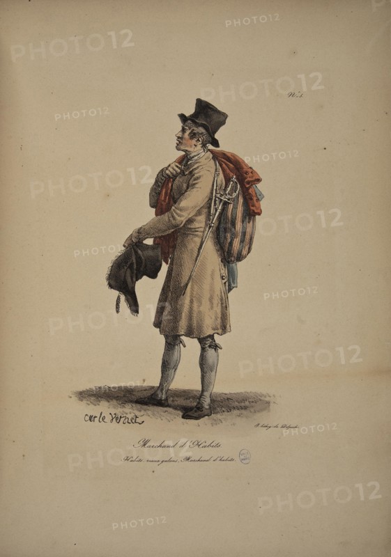 Clothing merchant. From the Series "Cris de Paris" (The Cries of Paris), 1815. Creator: Vernet, Carle (1758-1836).