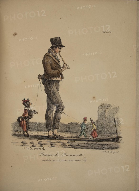 Puppet player. From the Series "Cris de Paris" (The Cries of Paris), 1815. Creator: Vernet, Carle (1758-1836).