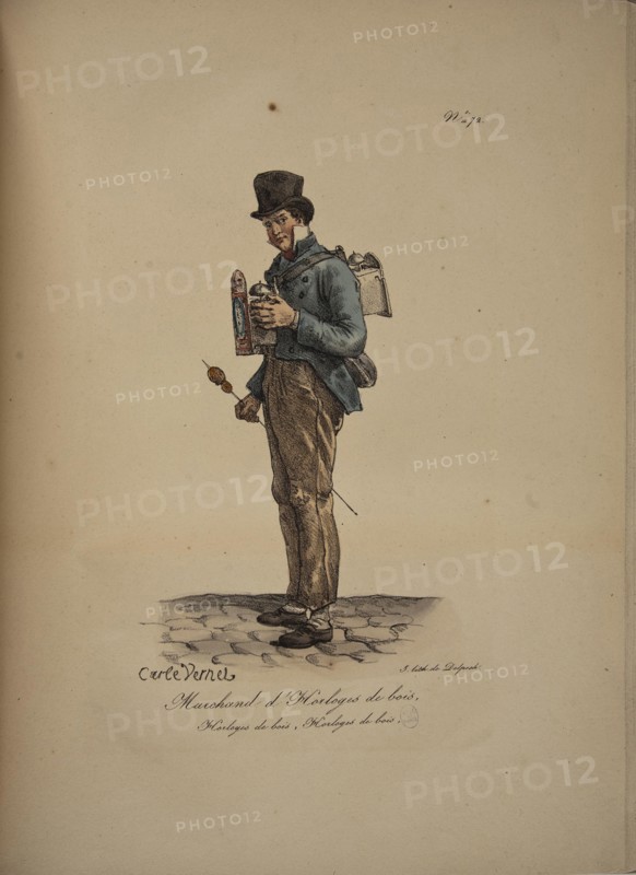 Wooden clock seller. From the Series "Cris de Paris" (The Cries of Paris), 1815. Creator: Vernet, Carle (1758-1836).