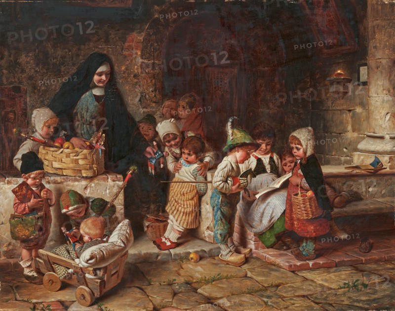 In the orphanage. Young nun distributes toy figures and apples to the children. Creator: Kaulbach, Hermann von (1846-1909).