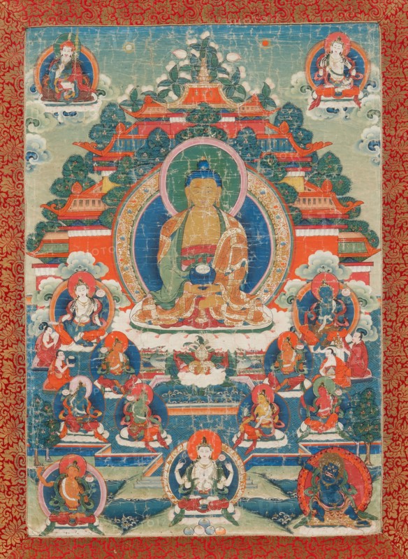 Thangka of Amitabha in the pure land of Sukhavati, 19th century. Creator: Tibetan Culture.