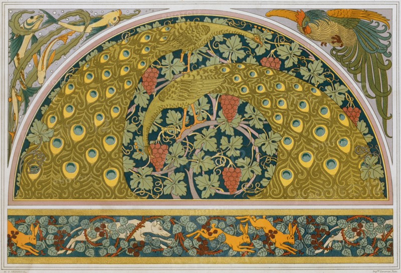 Fish and algae. Faucet. Peacocks and wine. Rabbits, dogs and blackberry bushes, 1897. Creator: Verneuil, Maurice Pillard (1869-1942).