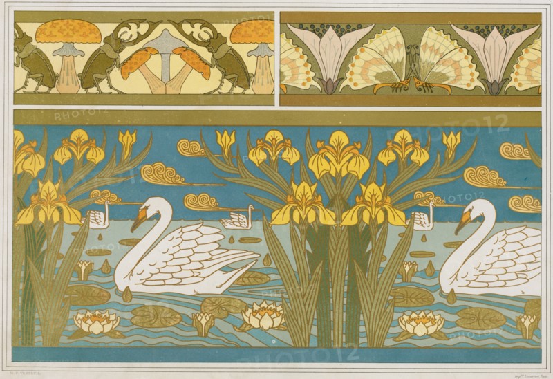 Stag beetles and mushrooms, sorrel and butterflies. Swans, irises and water lilies, 1897. Creator: Verneuil, Maurice Pillard (1869-1942).
