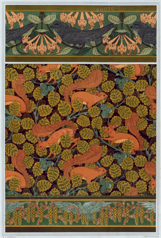 Swifts and honeysuckle. Squirrel and hazelnut. Birds and blooming hazel tree, 1897. Creator: Verneuil, Maurice Pillard (1869-1942).