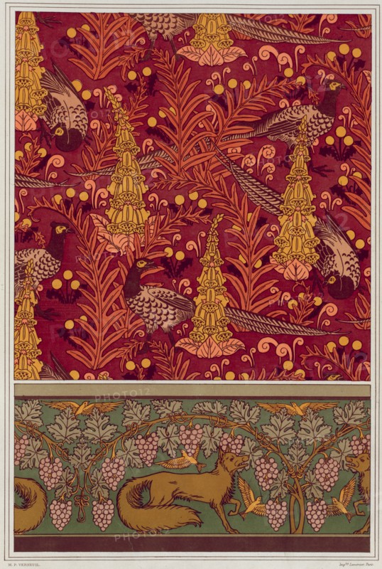 Pheasants, ferns and dandelions. Foxes, birds and vines, 1897. Creator: Verneuil, Maurice Pillard (1869-1942).