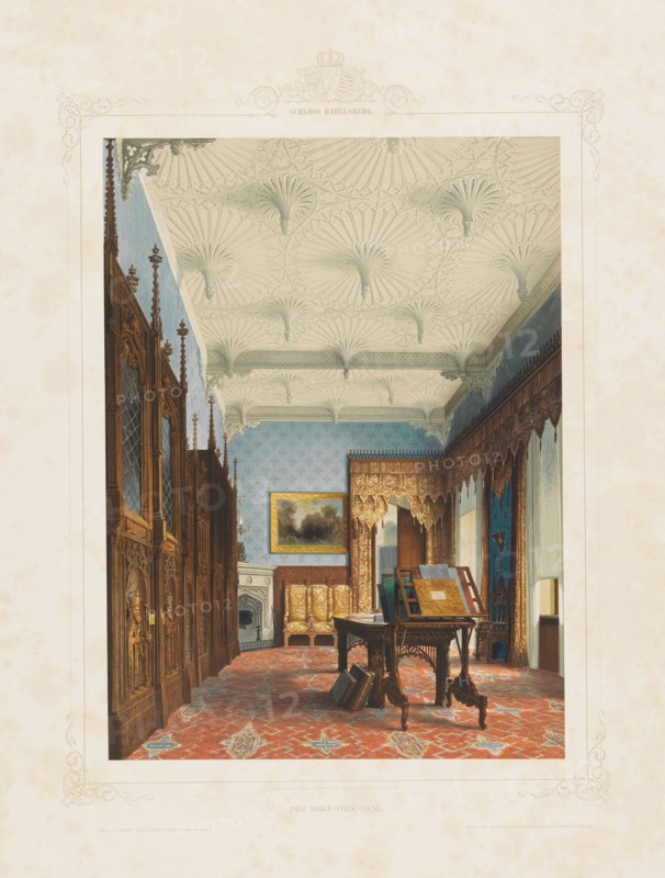 Interior view of the library in Babelsberg Palace, Potsdam, 1853. Creator: Graeb, Carl (1816-1884).