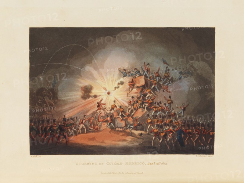 British infantry storm the fortress of Ciudad Rodrigo on January 19, 1812, 1815. Creator: Sutherland, Thomas (1785-1838).