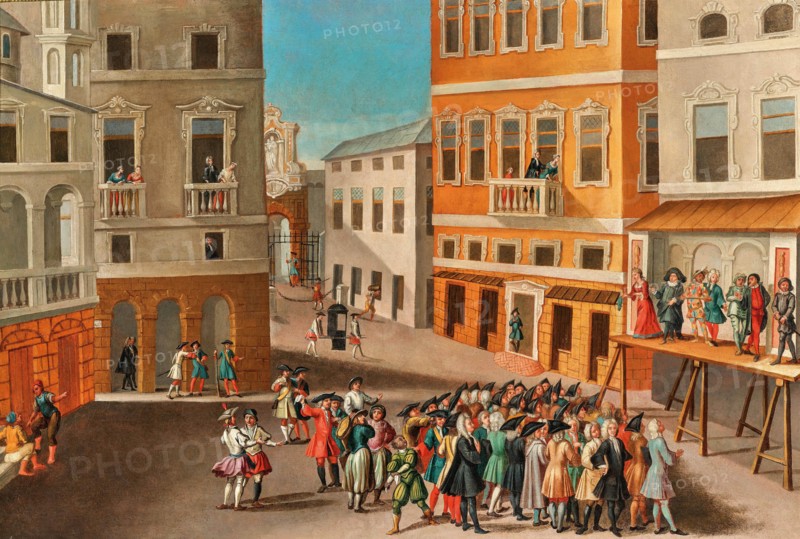 City landscape with actors from the Commedia dell'arte, 18th century. Creator: Unknown artist.