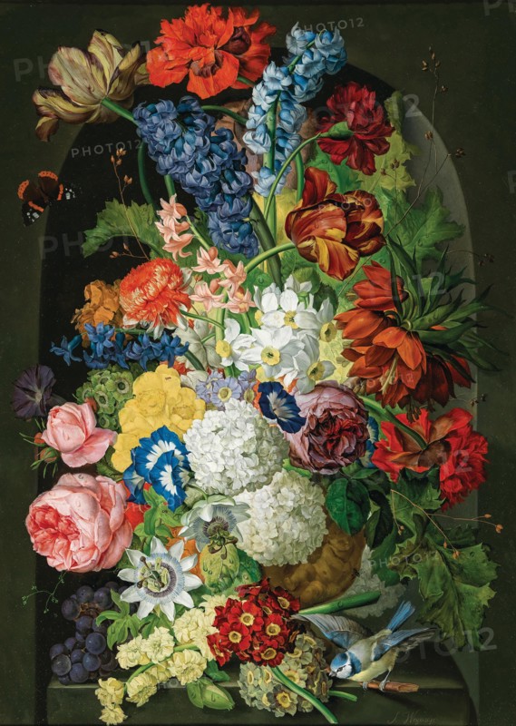 Floral still life with butterfly and blue tit. Creator: Wegmayr, Sebastian (1776-1857).