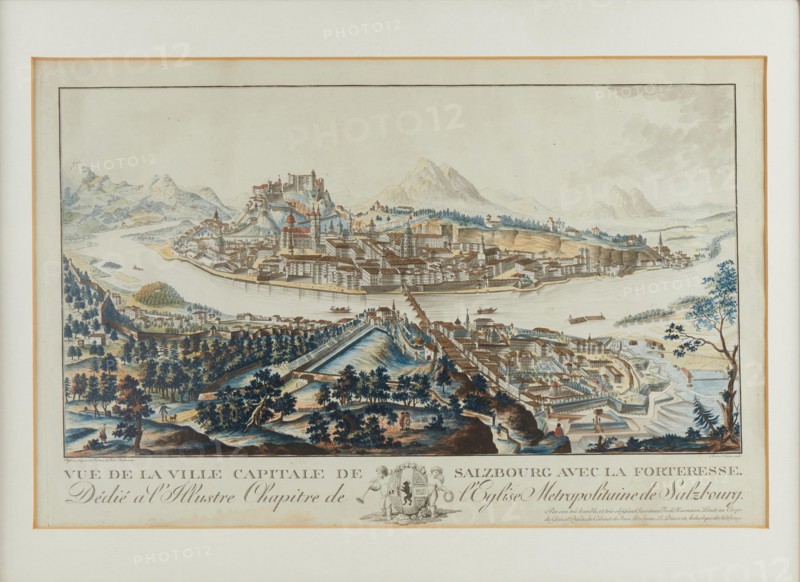 General view over the Salzach to Salzburg with the Hohensalzburg Fortress, c.1790. Creator: Amon, Anton (1761-1798).