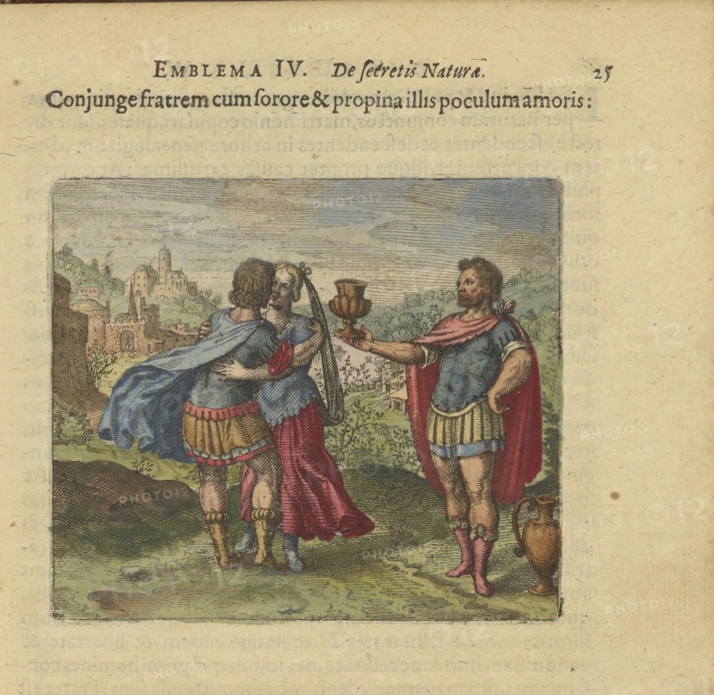 Emblem 4. Add the brother to the sister and give them the cup of love, 1618. Creator: Merian, Matthäus, the Elder (1593-1650).