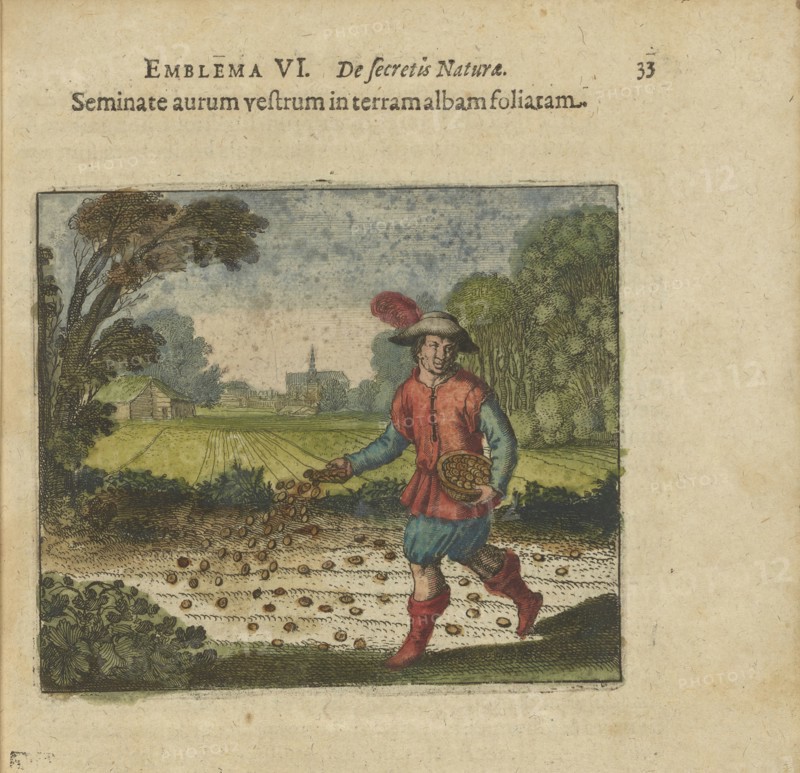 Emblem 6. Sow only gold in the white leafed earth. From "Atalanta fugiens" by Michael Maier, 1618. Creator: Merian, Matthäus, the Elder (1593-1650).