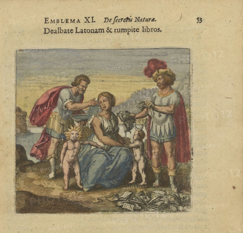 Emblem 11. Machet knows the Latona and tears up the books, 1618. Creator: Merian, Matthäus, the Elder (1593-1650).