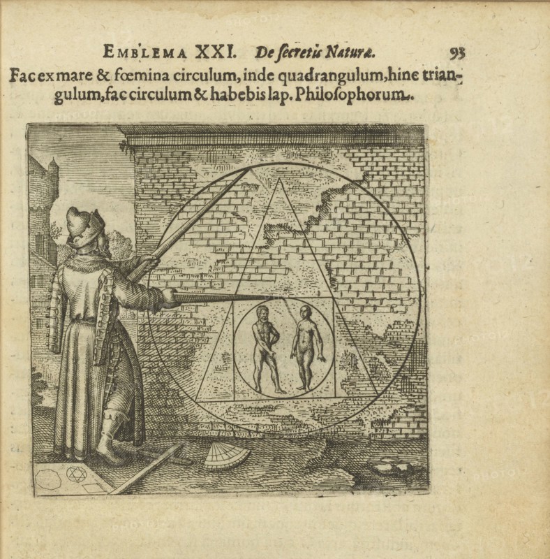 Emblem 21. Make a circle of man and woman, out of it a square, out of that into a triangle..., 1618. Creator: Merian, Matthäus, the Elder (1593-1650).
