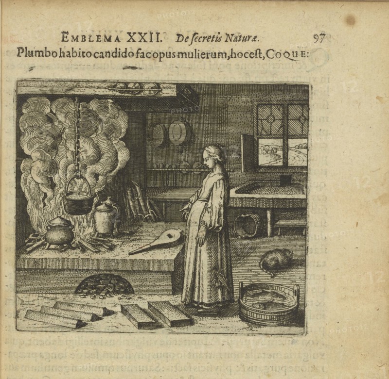 Emblem 22. If you have the white lead, do the woman's work, that is, cooking, 1618. Creator: Merian, Matthäus, the Elder (1593-1650).