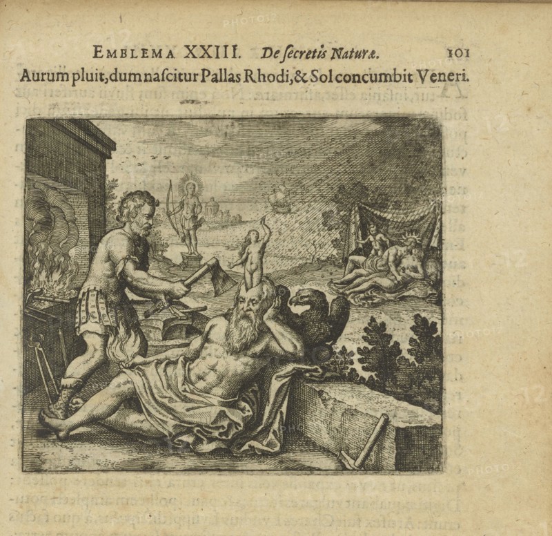 Emblem 23. It rains gold as Pallas is born at Rhodes and the sun is at Venus, 1618. Creator: Merian, Matthäus, the Elder (1593-1650).