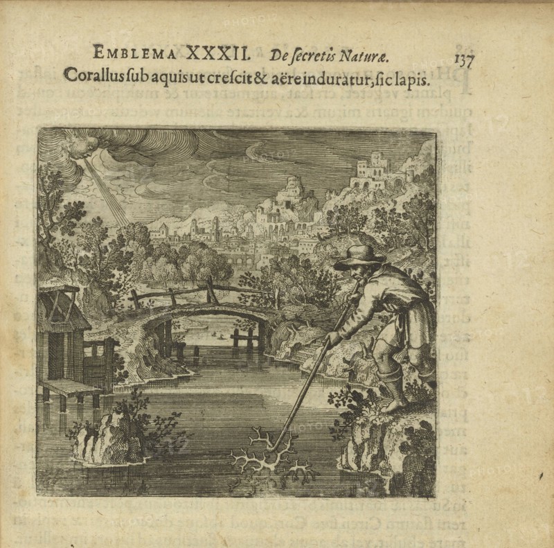 Emblem 32. The coral as it grows under the water and is hardened by air, so does the stone, 1816. Creator: Merian, Matthäus, the Elder (1593-1650).