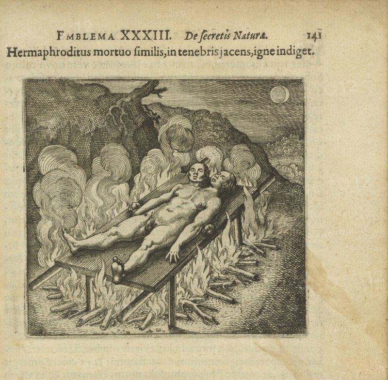 Emblem 33. The hermaphrodite, lying like a dead person in darkness, needs fire, 1816. Creator: Merian, Matthäus, the Elder (1593-1650).
