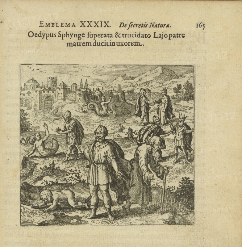 Emblem 39. Oedipus, after defeating the Sphynx and killing his father, takes his mother..., 1816. Creator: Merian, Matthäus, the Elder (1593-1650).