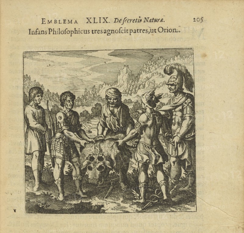 Emblem 49. The philosophical child recognizes three fathers, like Orion, 1816. Creator: Merian, Matthäus, the Elder (1593-1650).