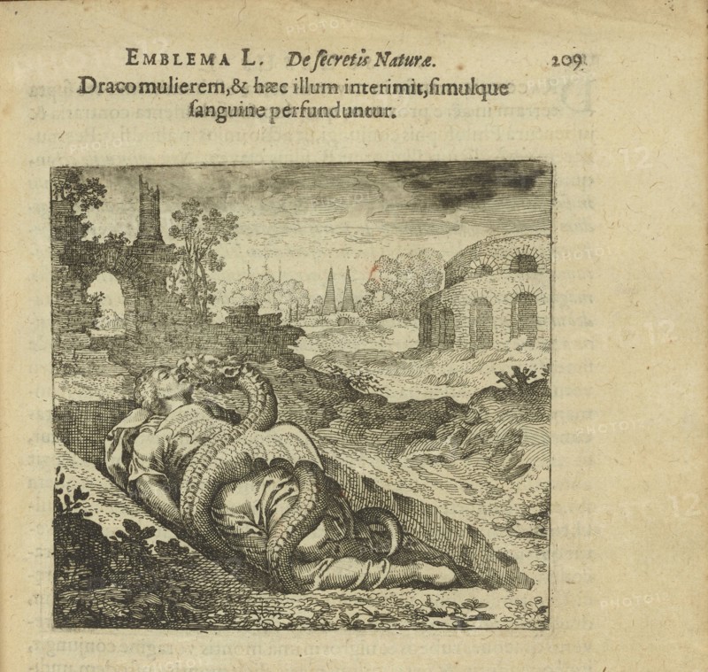 Emblem 50. The dragon killed the woman and she killed him, and both are covered in blood, 1816. Creator: Merian, Matthäus, the Elder (1593-1650).