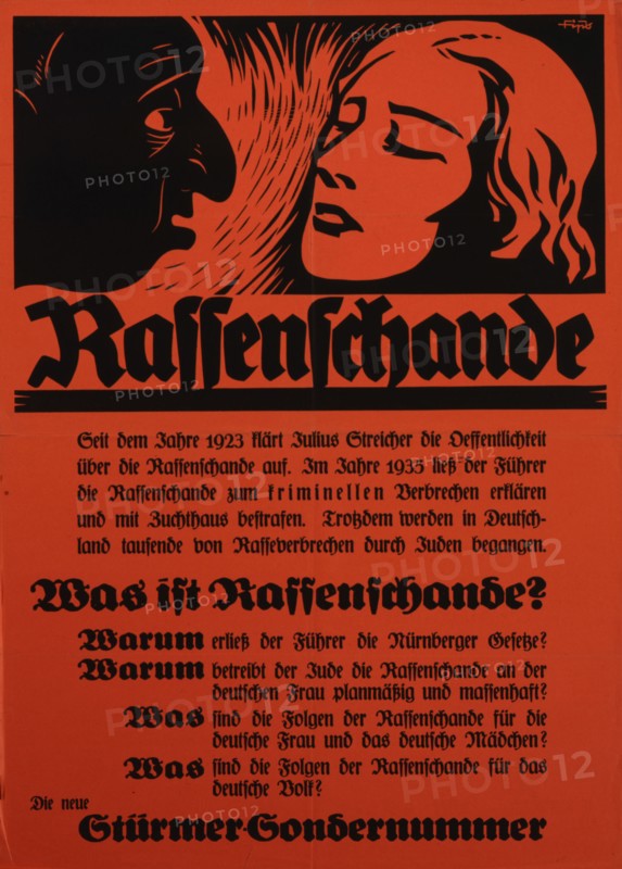 Racial disgrace. Poster for a special edition of “Sturmer”, c.1935. Creator: Unknown artist.