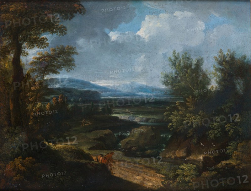 Landscape with village, waterfall and shepherd. Creator: Dughet, Gaspard (1615-1675).