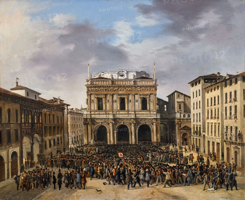 The Brescians gather in Piazza della Loggia on March 23, 1849, 1849. Creator: Joli, Faustino (1814-1876).