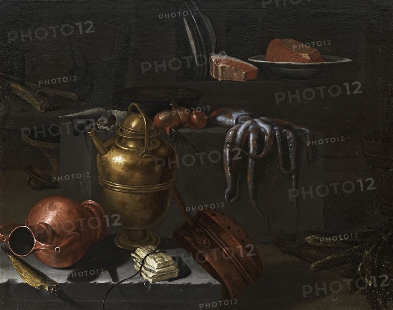 Kitchen interior with copper dishes, octopus and onions on a stone ledge, 1670s. Creator: Recco, Giuseppe (1634-1695).