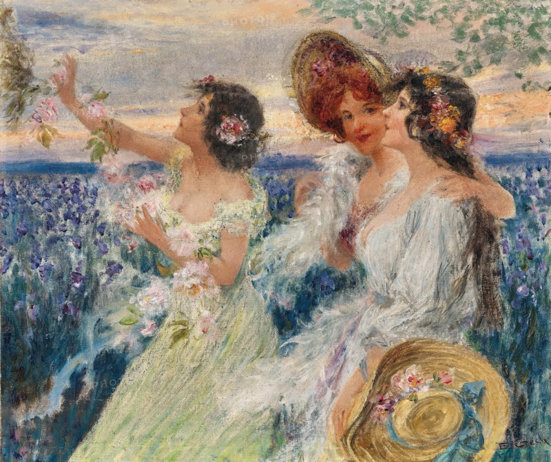 Spring, three ladies in front of a field of lilies. Creator: Czech, Emil (1862-1929).