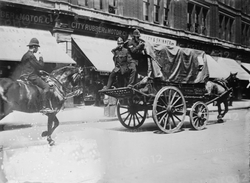 London Strike. Police escort for one van., between c1910 and c1915. Creator: Bain News Service.