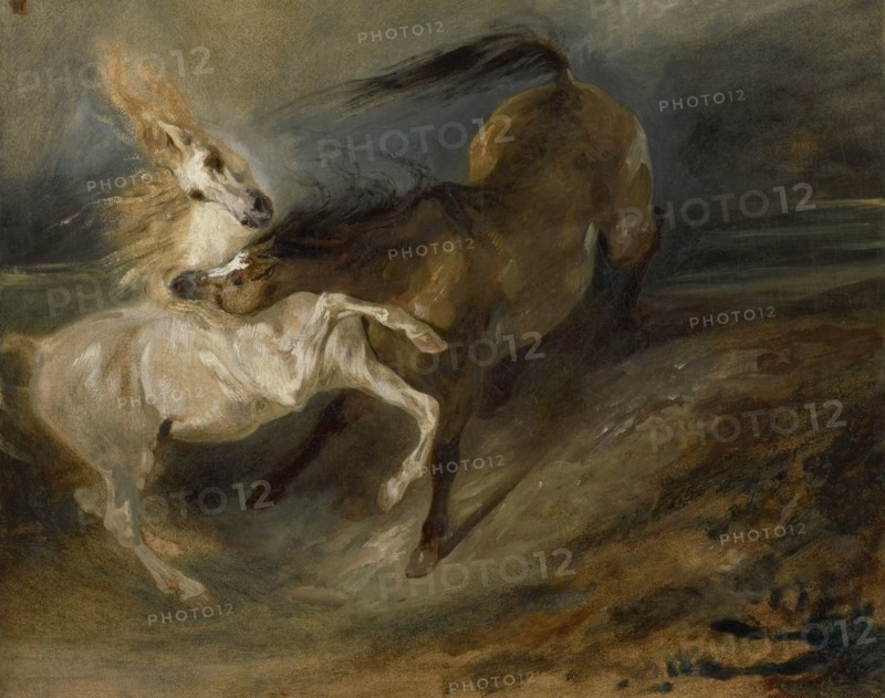 Two Horses Fighting In A Stormy Landscape, c1828. Creator: Eugene Delacroix.