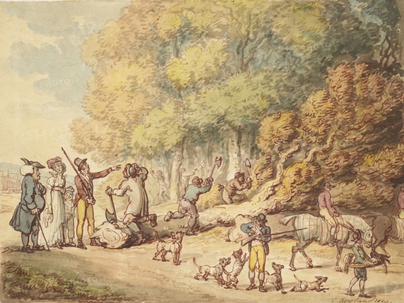 A Sportsman With His Family Instructing Woodmen To Chop Up A Felled Tree, c1816. Creator: Thomas Rowlandson.