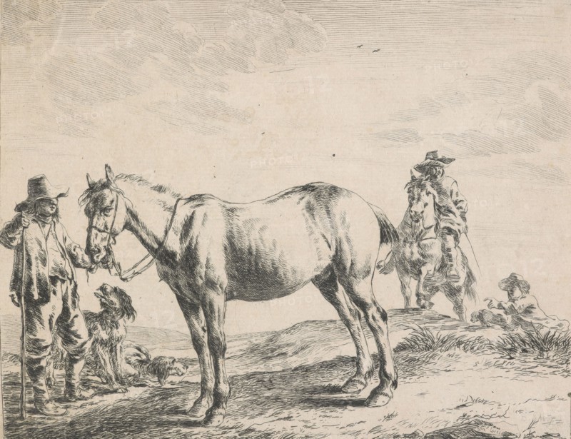 Horse, peasant, man and two dogs, 1651. Creator: Dirck Stoop.