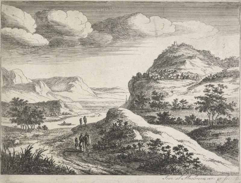 Six landscapes. Plate 6: Three figures standing on a country road, 1683. Creator: Jan van Almeloveen.