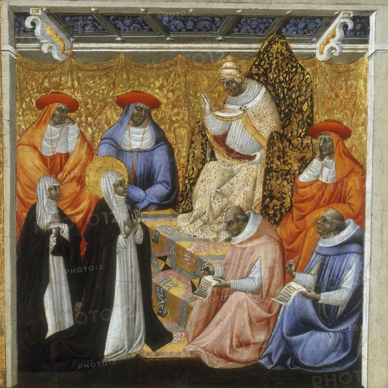 St. Catherine before the Pope at Avignon, 1460. Creator: Giovanni di Paolo.