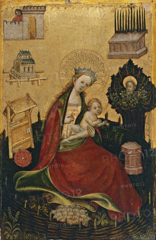 Diptych with symbols of the Virgin and Redeeming Christ: Virgin and Child in the Hortus..., 1410. Creator: Anon.