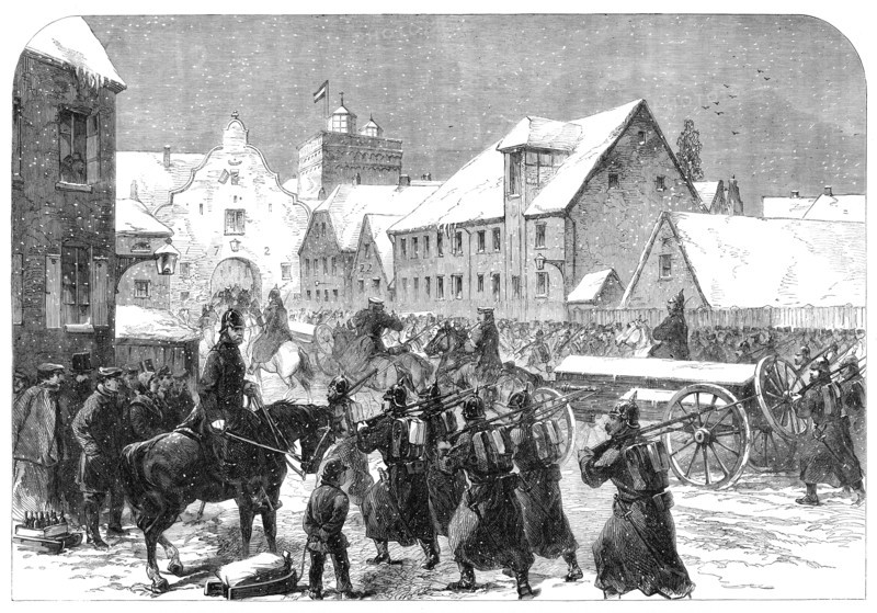 The War in Schleswig: Prussian ammunition-train entering Flensburg - by our special artist, 1864. Creator: Unknown.