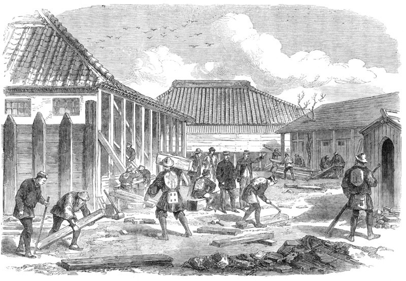 Barracks for British troops in course of erection at Yokohama...by our special artist in Japan, 1864 Creator: Unknown.