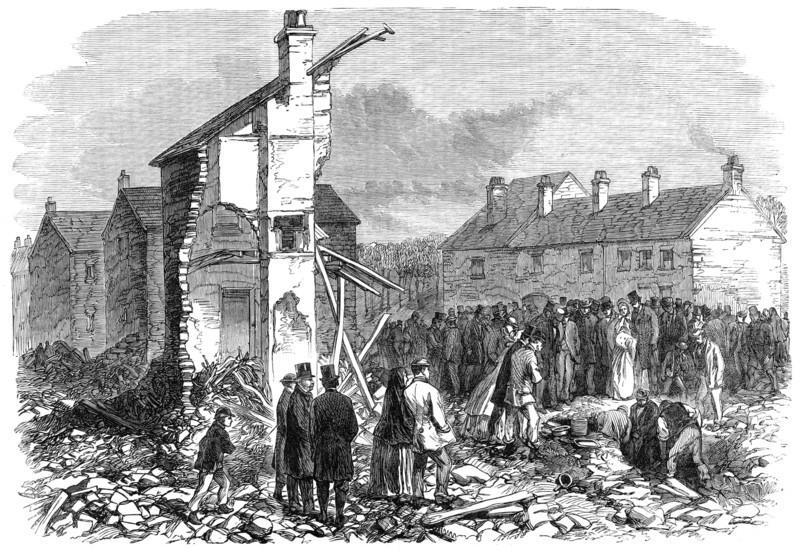 Illustrations of the Flood at Sheffield: searching for the dead at Malin Bridge, 1864. Creator: Unknown.