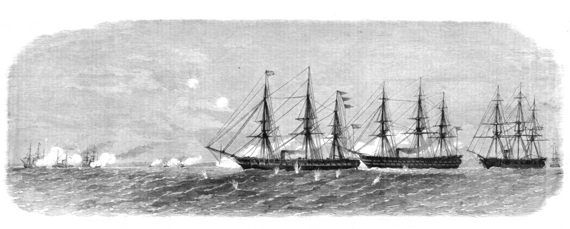 The War in Denmark: Danish cruisers of Rügen chasing a Prussian flotilla into Swinemünde..., 1864. Creator: Unknown.