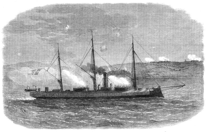 The War in Denmark: the Rolf Krake, Danish...gun-boat...engaging the Prussians before Düppel, 1864. Creator: Unknown.