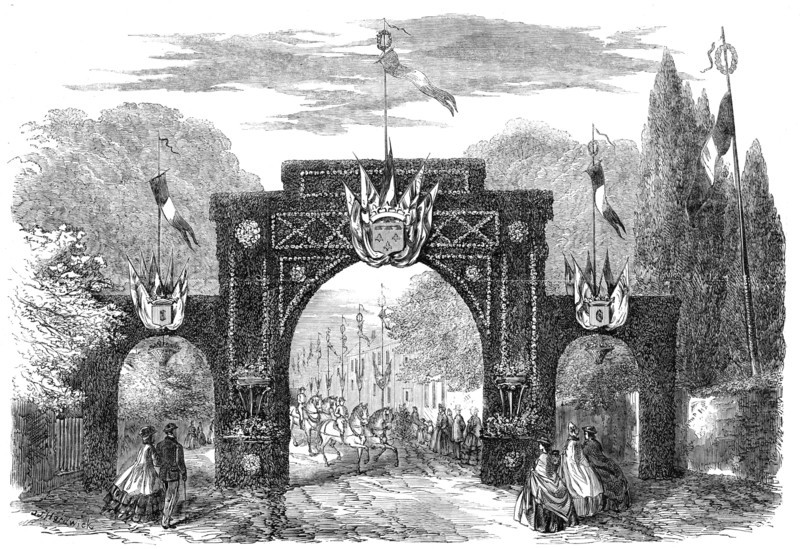 Marriage of the Count de Paris with the Princess Isabelle d'Orleans: triumphal arch at Esher, 1864. Creator: Unknown.