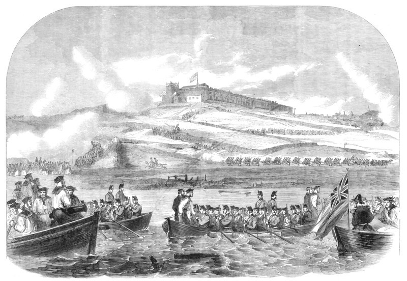 The siege operations in St. Mary’s Creek, Chatham: boats advancing to the assault, 1864. Creator: Unknown.
