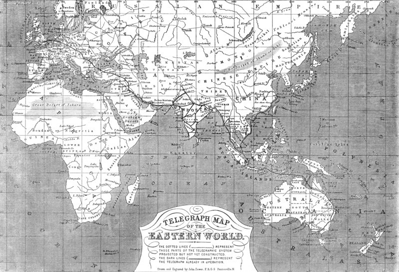Telegraph map of the Eastern World, 1865. Creator: John Dower.